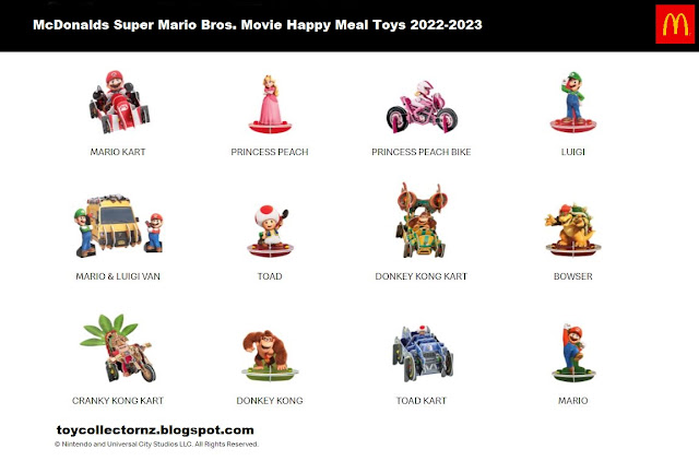 McDonalds Super Mario Bros Movie 2022-2023 Happy Meal Toys Set of 12 Australia and New Zealand including Mario Kart, Mario and Luigi Van, Toad, Donkey Kong, Princess Peach, Princess Peach Bike, Luigi, Bowser, Donkey Kong Kart, Mario, Toad Kart, Cranky Kong Kart