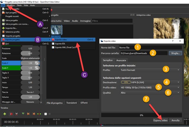 esportazione di video con openshot