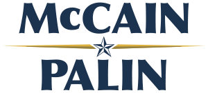 The Names McCain and Palin in bold blue letters separated by a star with two yellow rays further dividing the name