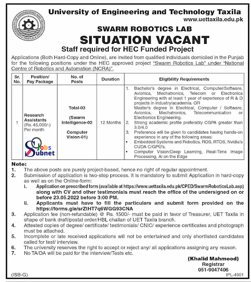 New Jobs 2022 in University of Engineering and Technology UET Taxila