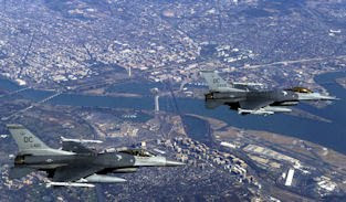 Two DC Air National Guard F-16C Fighting Falcon aircraft over Washington, DC