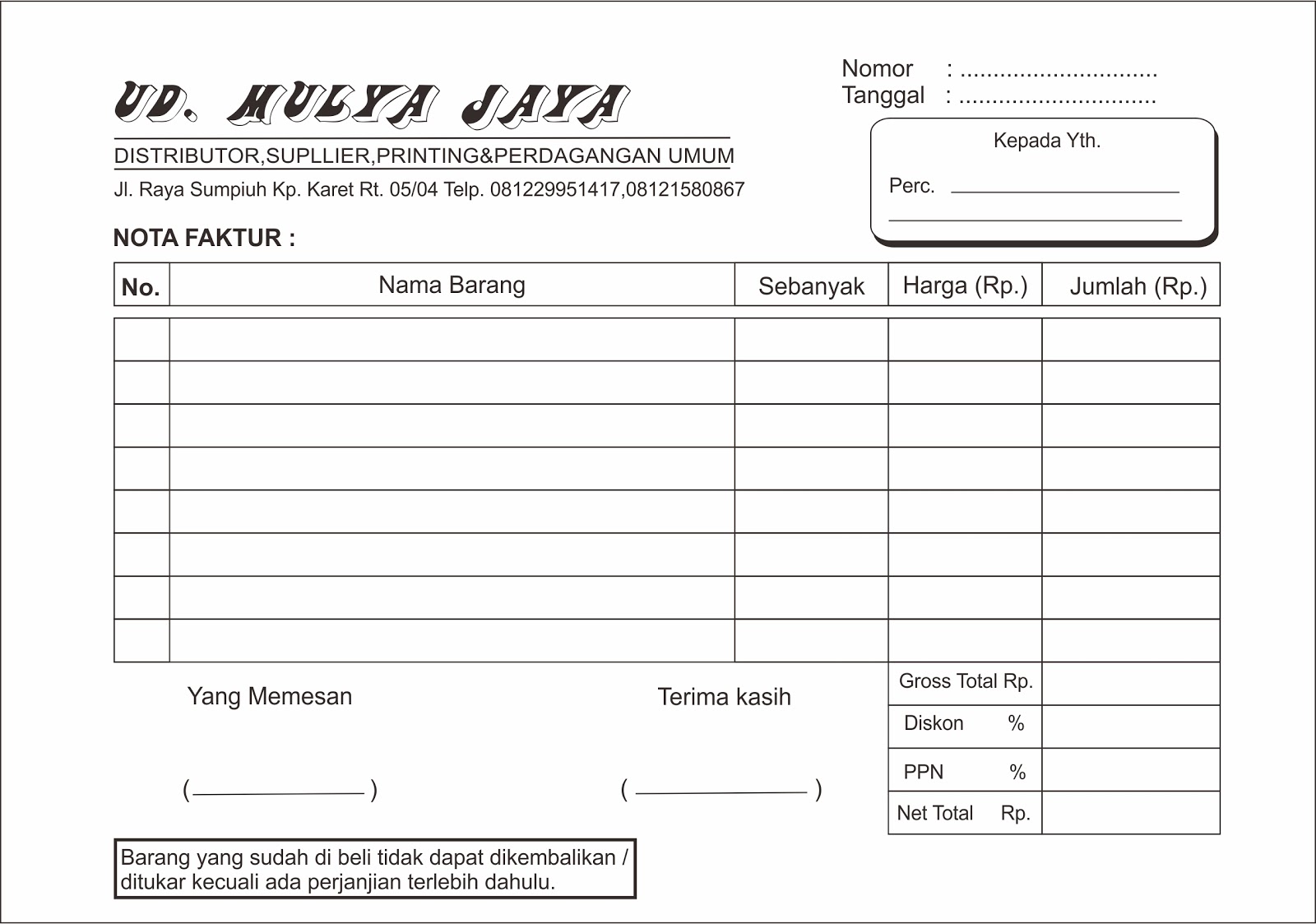 Template Nota CDR  LDR PRINT PURWOKERTO