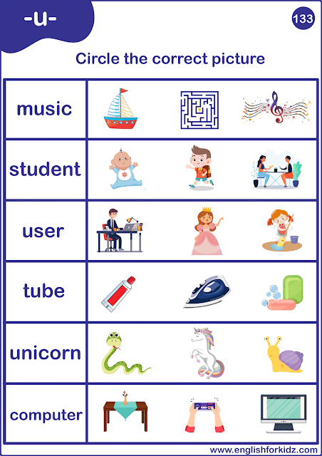 Long u sound worksheet - matching words to pictures