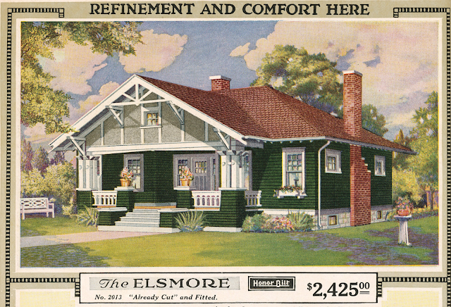 color catalog image of the front and right side of the Sears Elsmore in the 1920 Sears Modern Homes catalog