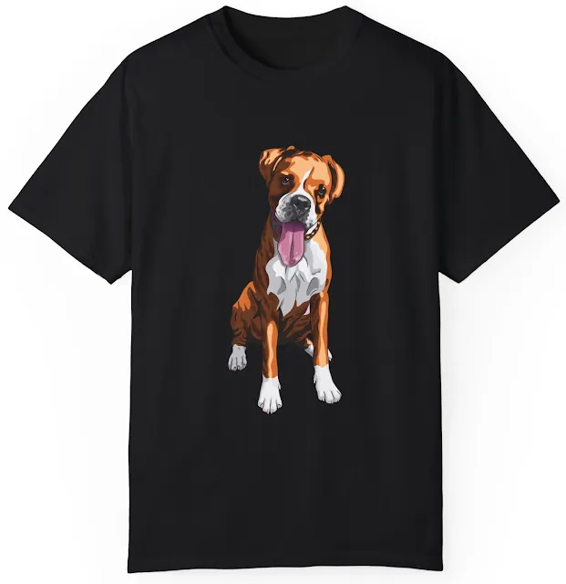 T-Shirt With Graphic of Boxer Dog Having Brown Body, White Chest and Paws, Sloppy Sitting Leaving His Tongue Out