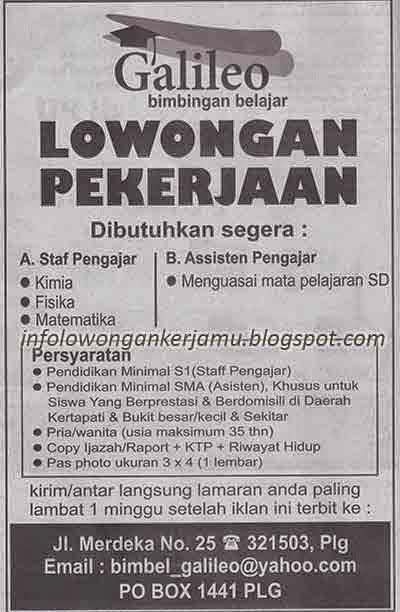 Lowongan Kerja Staff / Asisten Pengajar Bimbel Galileo