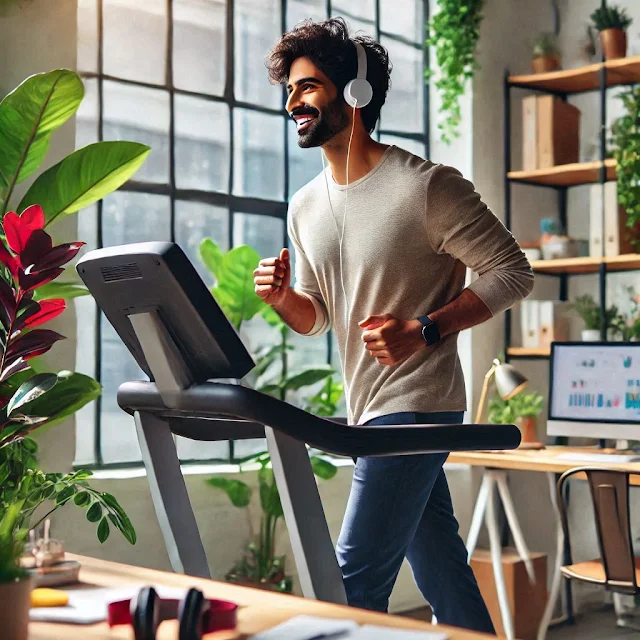 A man walking on a treadmill at his work desk with a smile on his face