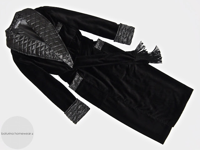 Men's black velvet dressing gown smoking jacket robe quilted silk