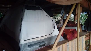 Murielle's inner tent on a wooden platform, on the right my bed