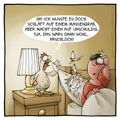 Massengrab Federkissen ertappt schwarzer Humor schlafen im Bett unsanft aufwachen wecken Nacht Cartoon Cartoons Witze witzig witzige lustige Bildwitze Bilderwitze Comic Zeichnungen lustig Karikatur Karikaturen Illustrationen Michael Mantel lachhaft Spaß Humor