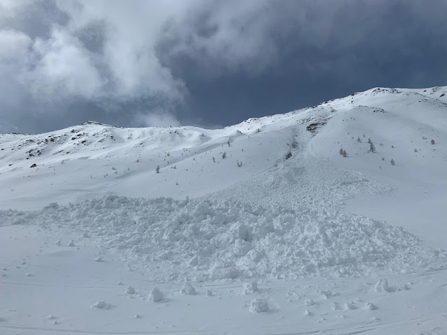 Valanga di neve bagnata, sotto il rifugio Ponte di Ghiaccio (Edelrauthütte). l’ultimo finesettimana. A causa del riscaldamento e dell’umidità dell’aria il manto nevoso si è inumidito anche sui versanti a nord sotto i 2400 m circa. (Foto: Servizio Prevenzione Valanghe, Alto Adige, 27.04.2023)