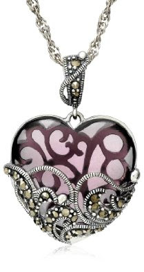Sterling Silver Marcasite and Gemstone Colored Glass Heart Pendant Necklace