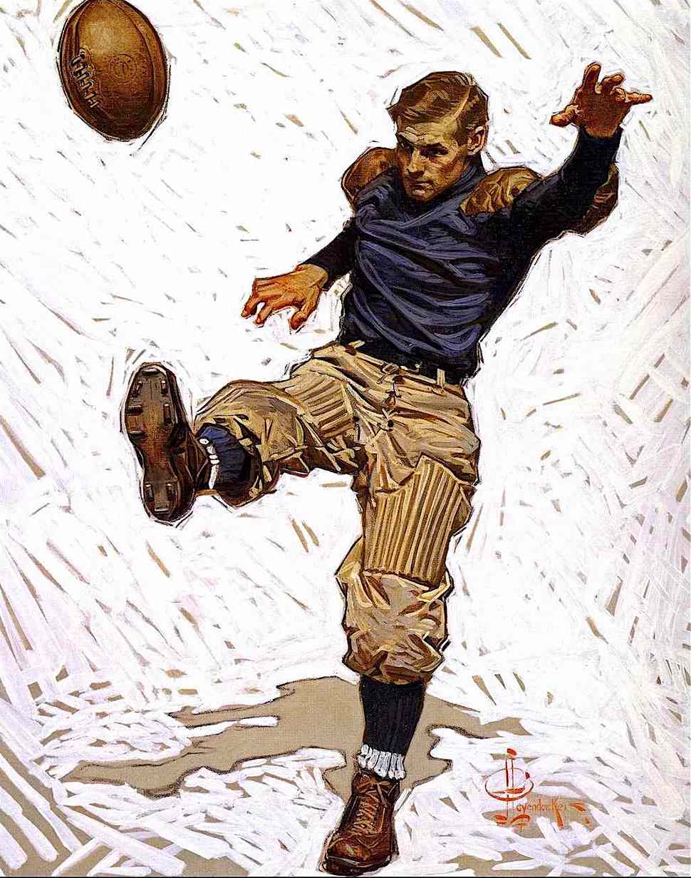 a Joseph Christian Leyendecker illustration of a vintage USA football kicker