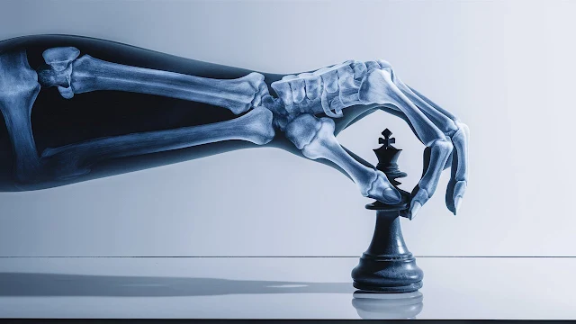 An x-ray image of a hand grasping a chess piece, metaphorically depicting the x-ray tactic of seeing through obstructions to identify threats and opportunities on the chessboard.