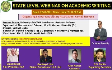 A webinar on "Academic Writing" : Dated 22-05-2021 (Saturday), Time: 11.00 AM To 12.30 PM. 