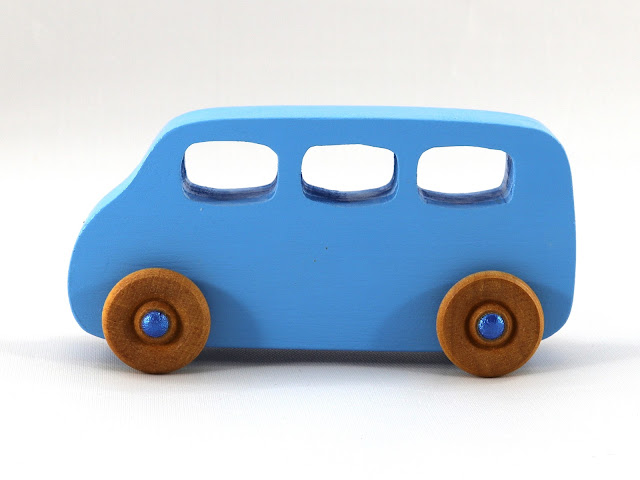 Wood Toy Minivan, Handmade and Finished with Baby Blue and Metallic Blue Acrylic Paint and Amber Shellac, Play Pal Series