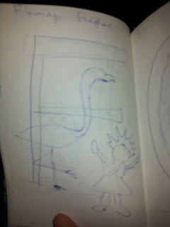 Original sketch for geeky letter F including feegles and flamingoes