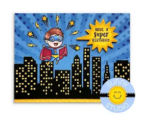Sunny Studio Stamps: Super Duper Superhero Birthday Card (using Cityscape Border Die, Heroic Halftones 6x6 Paper & Speech Bubble from Comic Strip Dies)