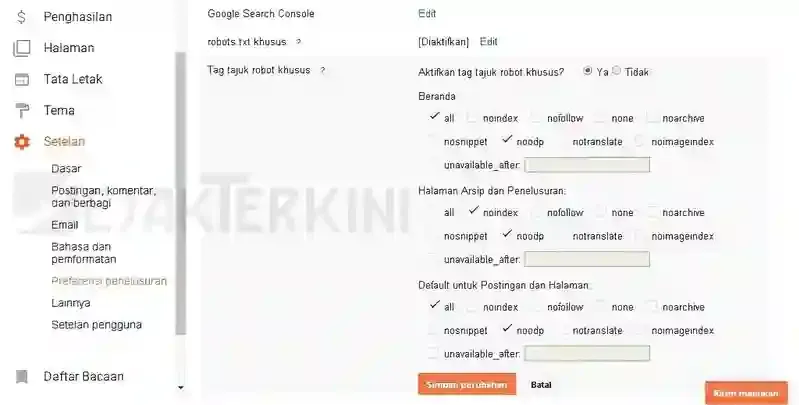 pengaturan tag tajuk robot khusus