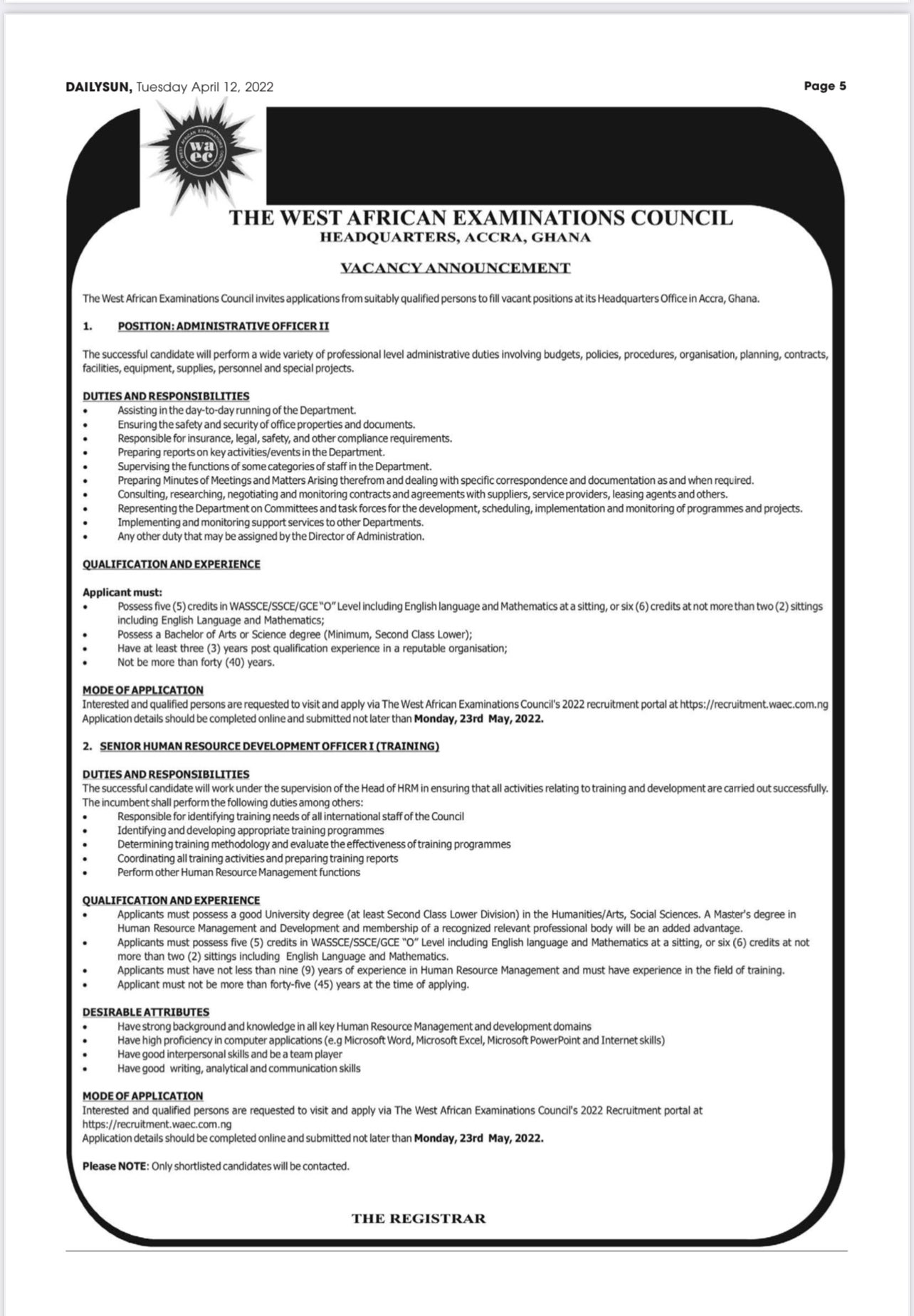 WAEC Ghana 2022 Job Recruitment Vacancies | 2 Positions