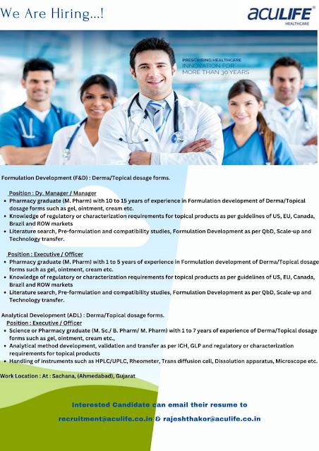 Aculife Hiring For Formulation Development/ Analytical Development