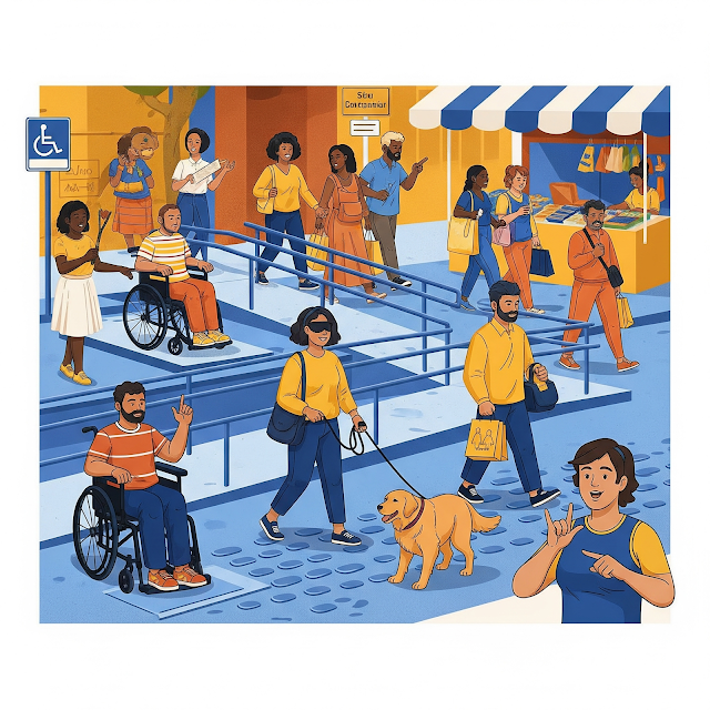 Um grupo diverso de pessoas com diferentes deficiências (usuário de cadeira de rodas, pessoa com deficiência visual e cão-guia, pessoa usando linguagem de sinais) interagindo em um ambiente urbano inclusivo e acessível, com rampas e sinalização, transmitindo uma sensação de progresso e esperança.