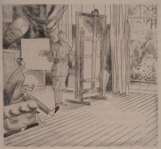 A stylized illustration of a painter and seated figure.