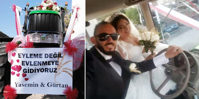 Turkish Cypriot man goes to wedding venue in a tractor