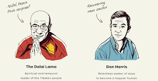 Graphic with Dalai Lama in one panel and Dan Harris to the right.