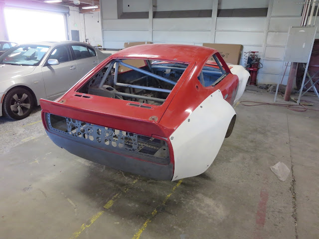 Larry Oka 1972 Datsun 240Z Race Car Shell undergoing body repairs.