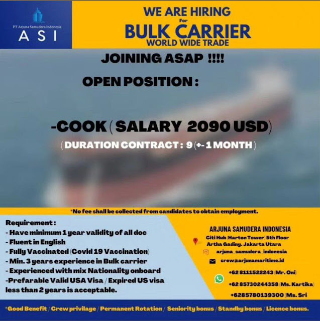 Lowongan Bulk Carrier for Cook 2023