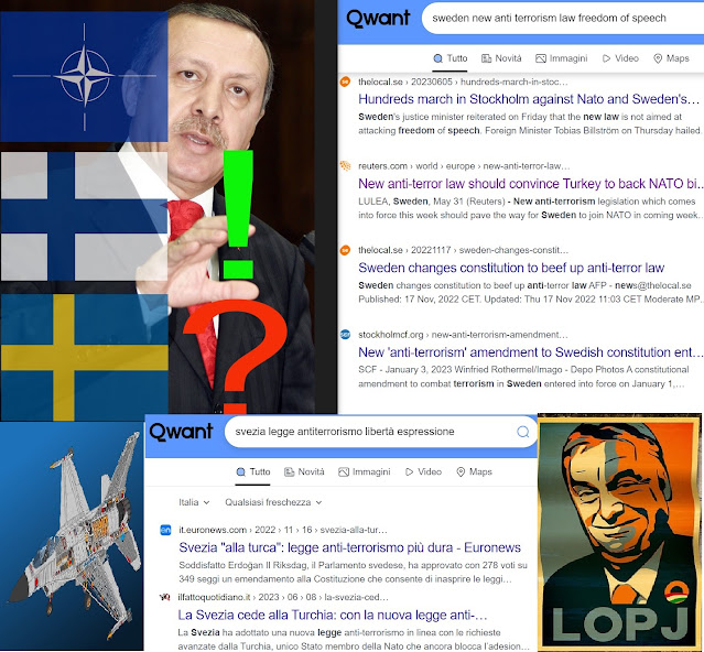 Sullo sfondo l'immagine di Erdogan con le bandiere di Svezia (a fianco un punto interrogativo rosso), Finlandia (a fianco un punto interrogativa verde) e quella della NATO. In basso a sinistra un F-16, a destra Orban, al centro in alto a destra i titoli di giornali critici della nuova legge antiterrorismo svedese.