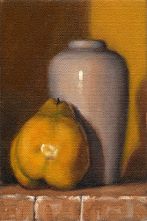 Oil painting of a quince beside a white porcelain vase.
