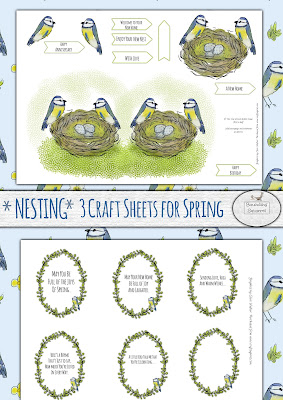 Nestingthemed Craft sheeta, featuring spring blue tit birds a nest, and leafy verses/sentiments.