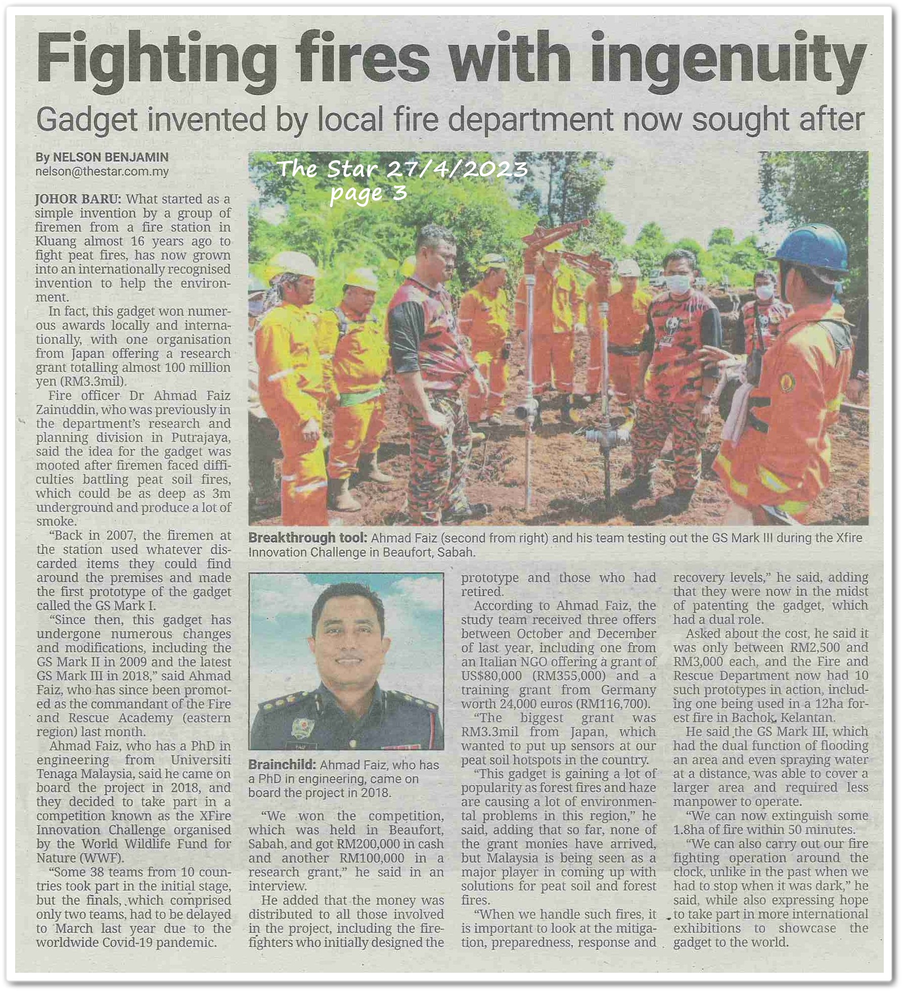 Fighting fires with ingenuity ; Gadget invented by local fire department now sought after - Keratan akhbar The Star 27 April 2023