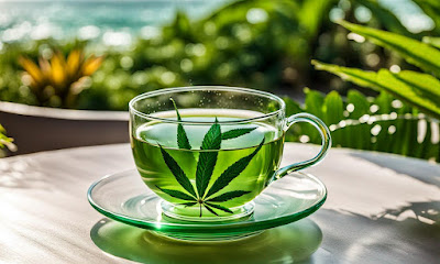 Green marijuana tea in transparent glass teaup and saucer on patio table.