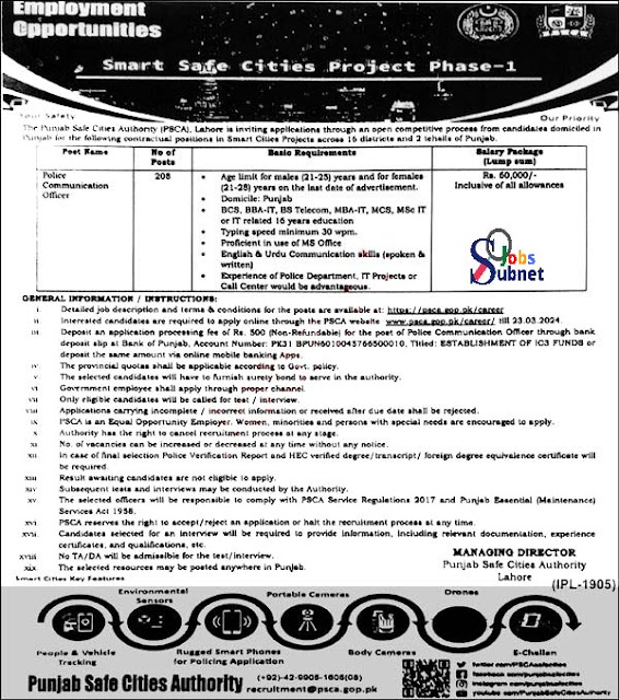 Punjab Safe Cities Authority Police Communication Officer Jobs 2024