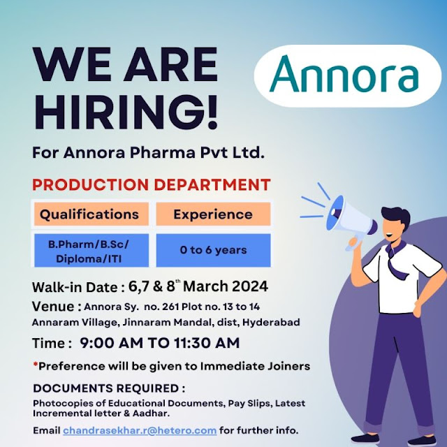 Annora Pharma Walk In Interview For Production Department
