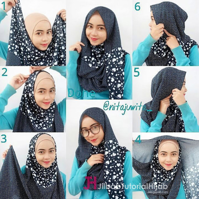 tutorial cara memakai hijab pashmina monocombi modern bermotif pesta glamour terbaru