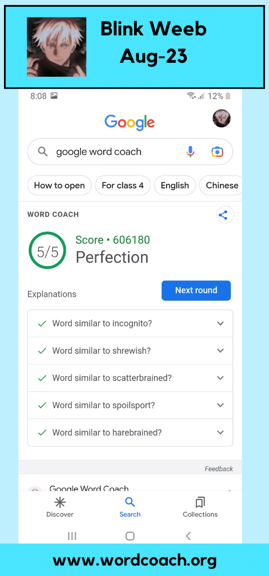 Blink Weeb has achieved a commendable score of 606,180 in Google Word Coach