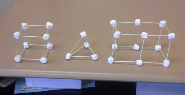 three dimensional cube, pyramid, and rectangular prism made from marshmallows and toothpicks