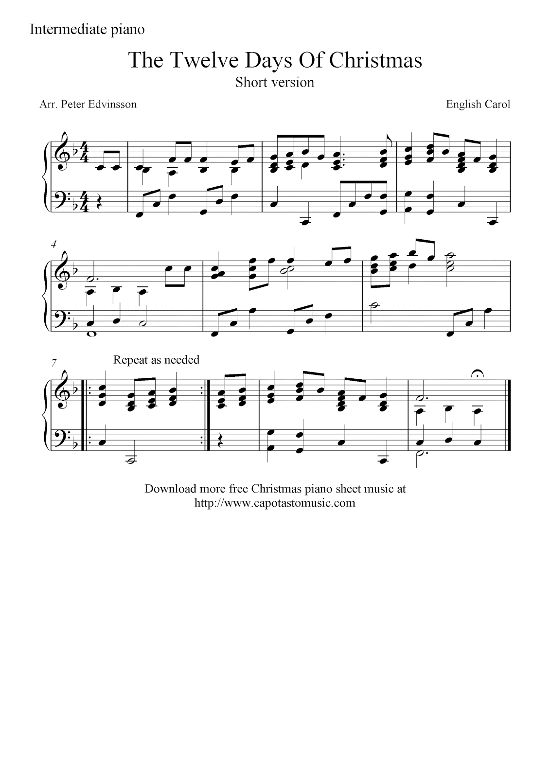 Intermediate piano sheet music for Christmas, The Twelve Days Of Christmas