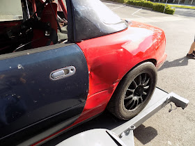 Race damage on Spec Miata before repairs at Almost Everything Auto Body.