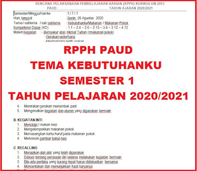 RPPH PAUD Tema Kebutuhanku Semester 1 Tahun Pelajaran 2020/2021