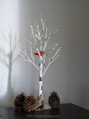 Lighted table top birch tree with origami cardinal, photo ©2018 Tina M. Welter