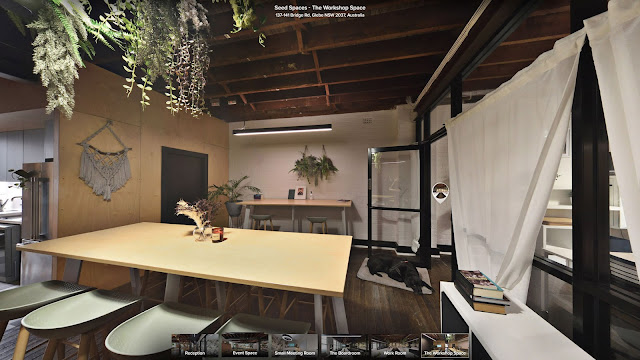 Screenshot of the 360° view of the Workshop space, navigation and hotspots activated.