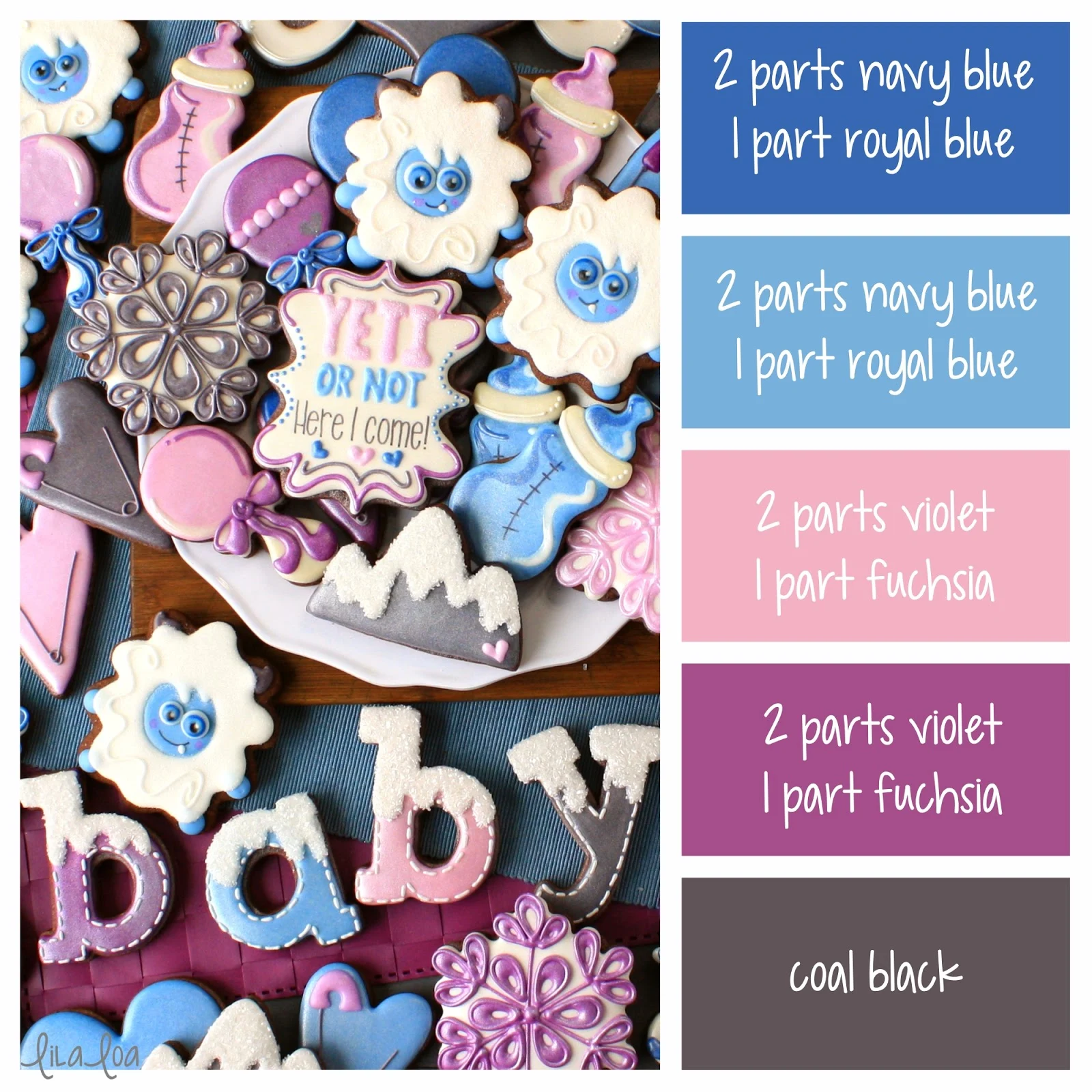 Yeti baby shower decorated cookies and icing palette color formulas