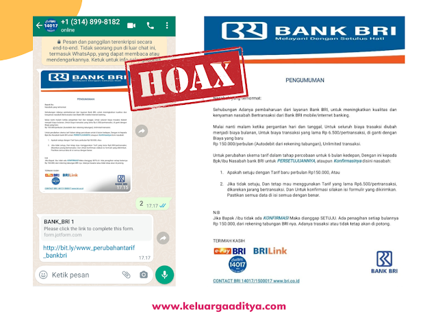 penipuan lewat whatsapp tentang perubahan biaya transfer bank bri adalah hoax