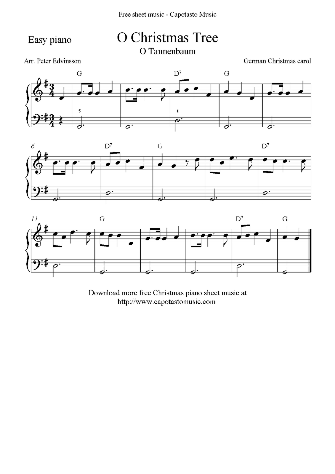 Free Christmas sheet music for easy piano solo, O Christmas Tree