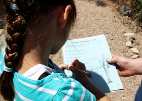 The first badge Tessa earned was from Saguaro National Park. One of the requirements was to complete a desert scavenger hunt. She looked for a plant with small leaves, a saguaro with five or more arms, a hole in the ground made by an animal, and a tree with green bark, among other things.